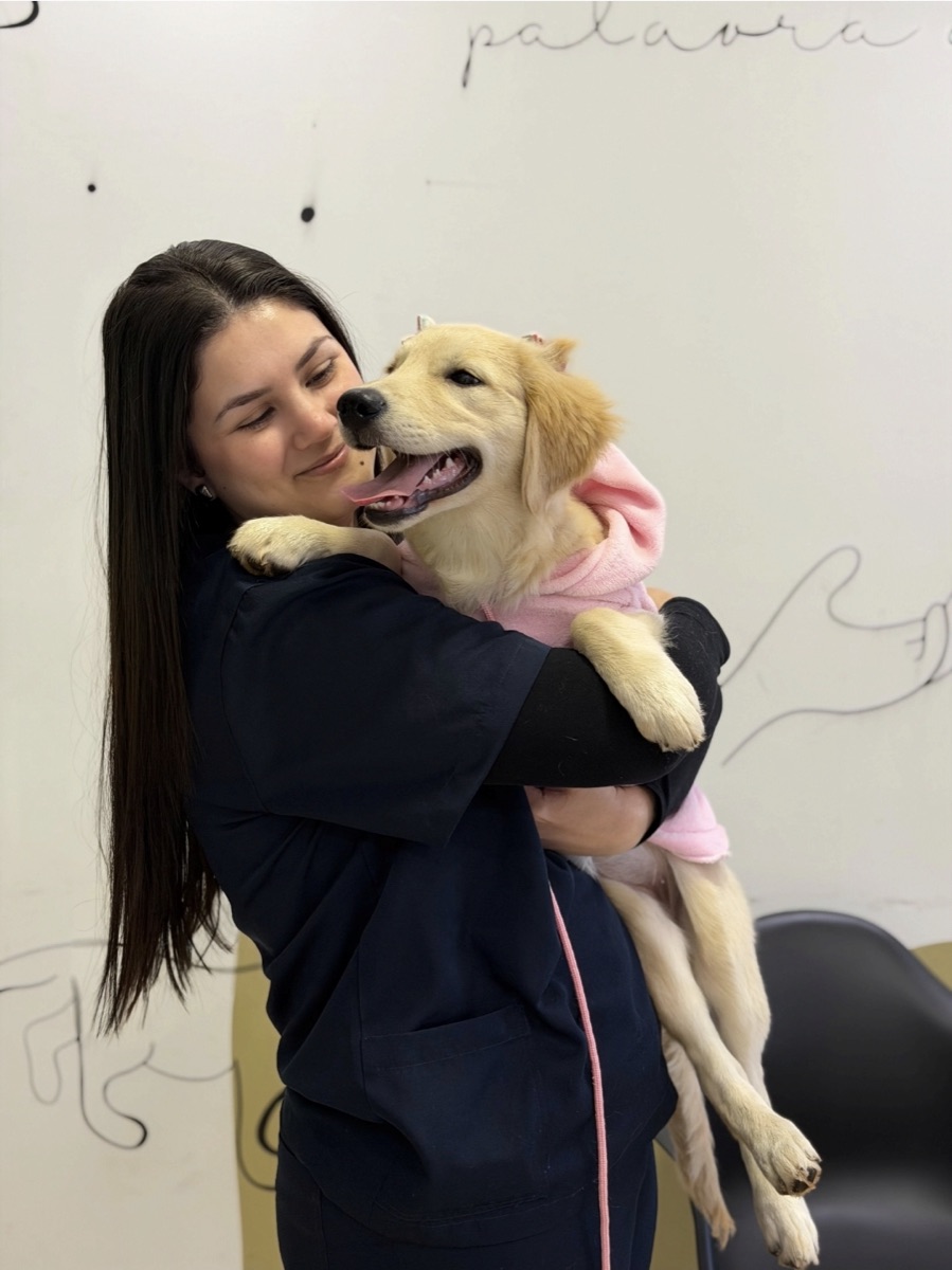 M.V. Isabella Lourenço de Ponte com um filhote de golden retriever no colo