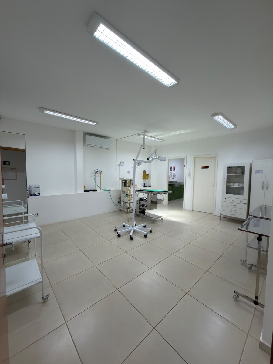 Centro cirúrgico da COEV, sala ampla com mesa cirúrgica, foco cirúrgico e aparelho de anestesia inalatória