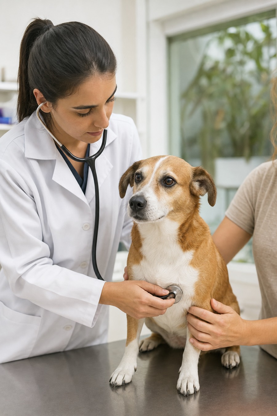Veterinária auscultando um cão durante consulta de rotina