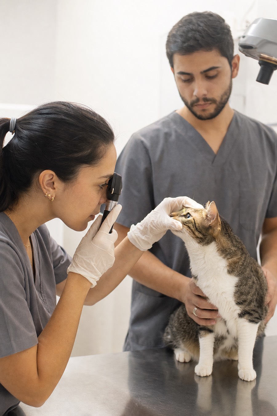 Especialista examinando os olhos de um gato