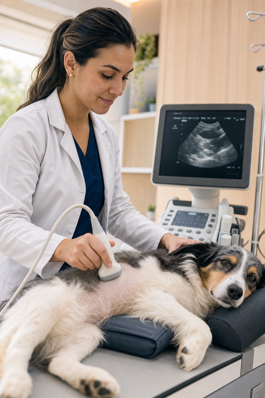 Veterinário realizando ultrassom em um cão