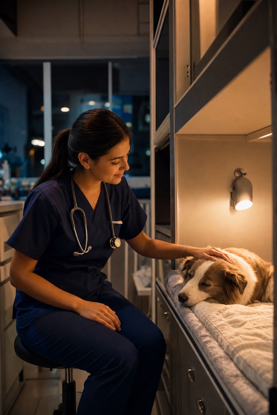Veterinário plantonista acompanhando um cão internado