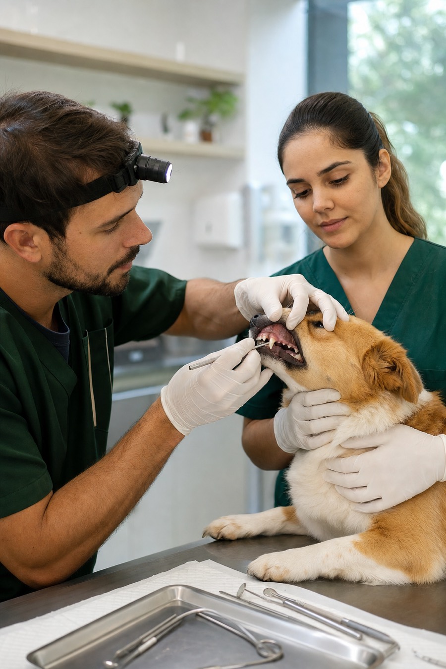 Veterinário examinando os dentes de um cão