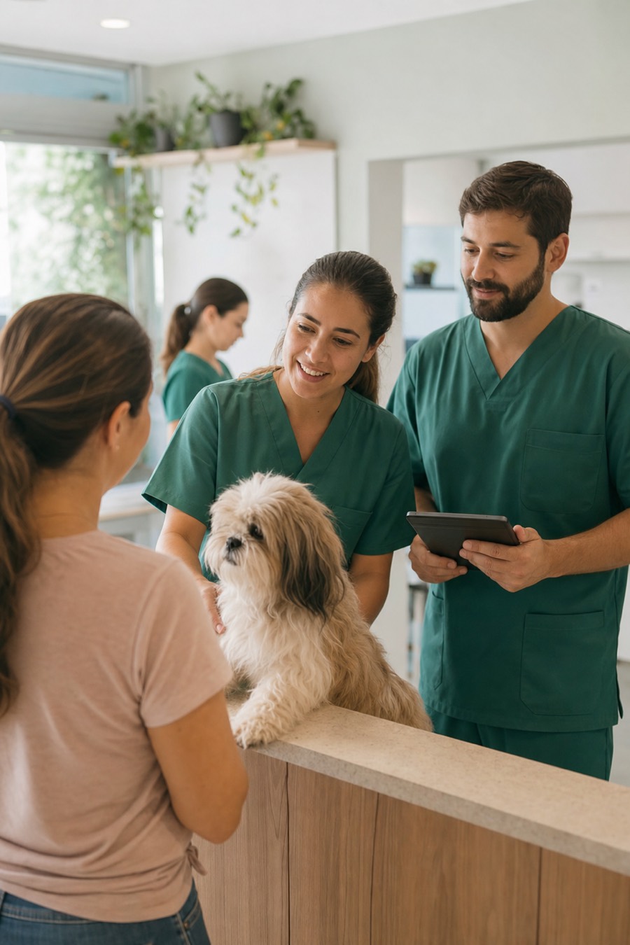 Equipe recebendo um cão na recepção da clínica